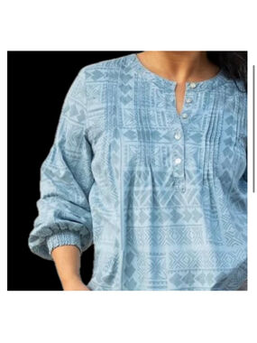Women's TANOA Safune Light Blue & Grey Patterned Blouse Demin Size XL